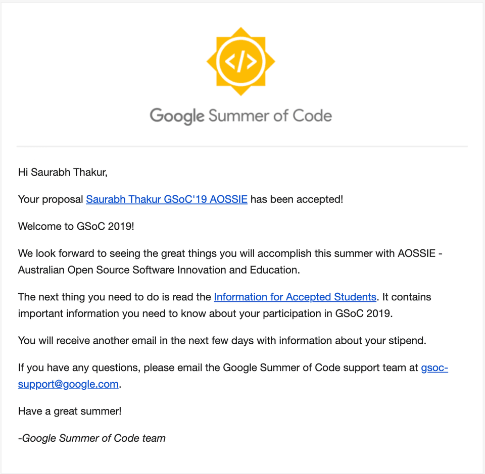 Acceptance letter from Google Summer of Code